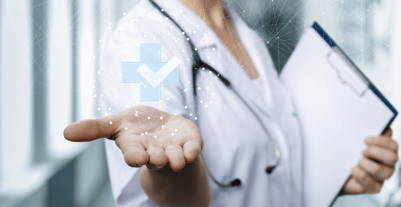 Nurse with clipboard holding digital network with medical symbol graphic