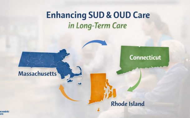 Graphic of massachusetts, connecticut, and rhode island connected by arrows with the title “enhancing sud & oud care in long-term care. "