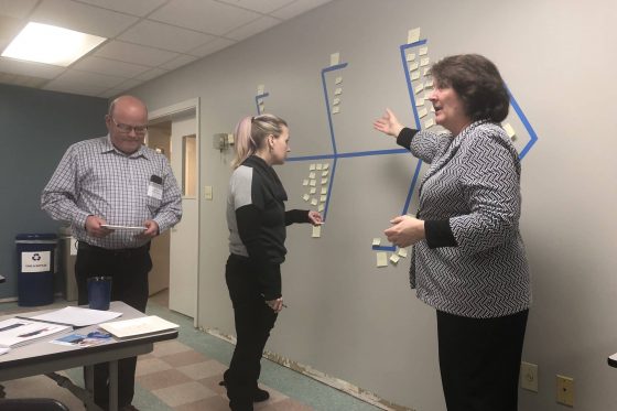 Margie McLaughlin working with participants on a Fishbone Diagram