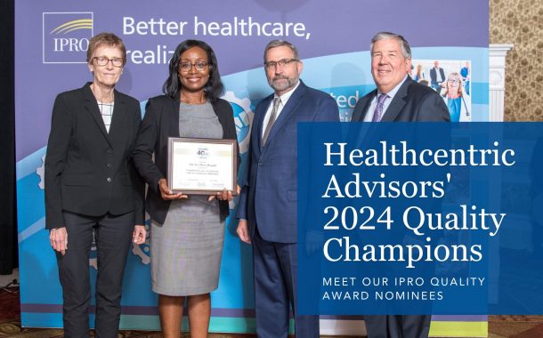 Yale new haven hospital receives the 2024 ipro quality award. Pictured: healthcentric advisors president and ceo, john keimig, alongside hospital staff and award representatives.